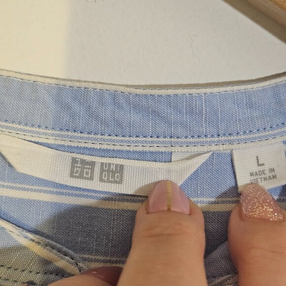 Uniqlo Women's Shirt L Blue Linen Blend Band Collar 3/4 Sleeve Striped Scandi - Picture 2 of 9